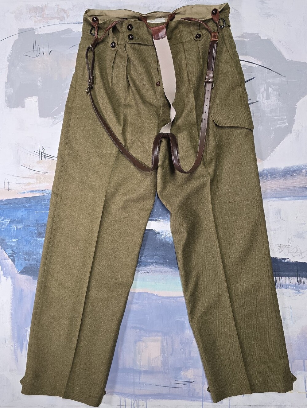 Vintage Size 15 Australian Military Trousers W/ Suspenders Wool 50s Green Pleat